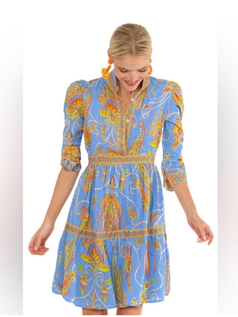 Gretchen Scott Designs Blue Paisley Cotton Tiered Dress